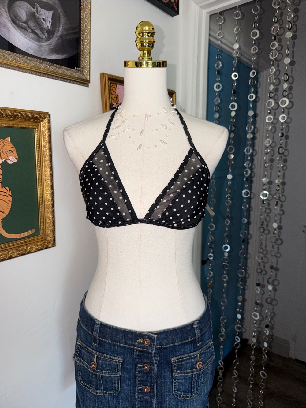 Black Polka Dot Sheer Triangle Bikini Top